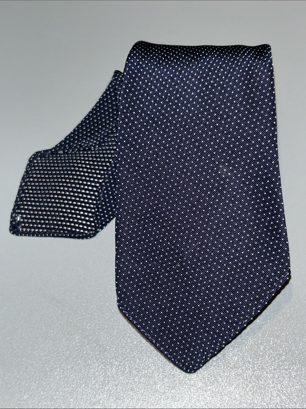 Elliot’s Irish Poplin for Athur M.Rosenberg Navy Blue Tie White Microdot Pattern